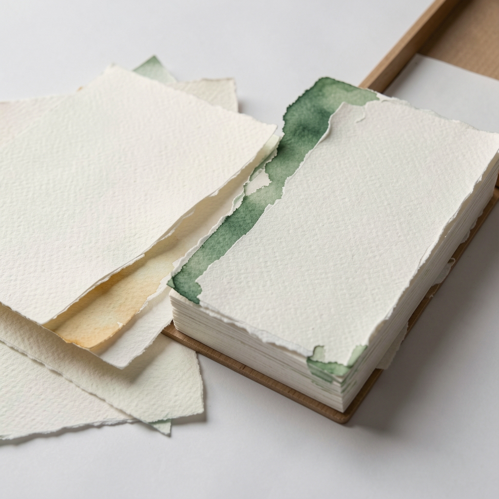 Hojas de papel para acuarela de textura gruesa apiladas junto a un bloc encolado en los cuatro lados