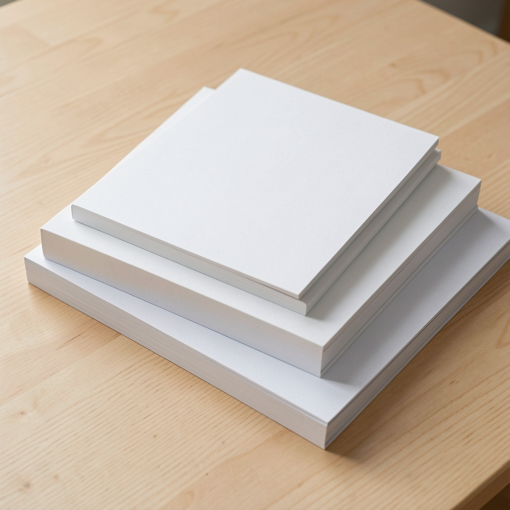 Tres blocs de dibujo apilados de distintos formatos A5, A4 y A3 sobre una mesa de madera clara