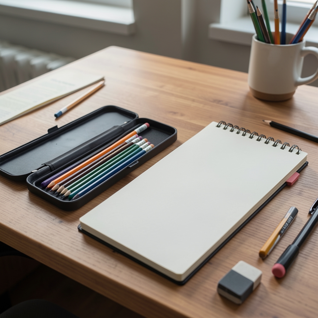 Mesa de trabajo pequeña con estuche de lápices abierto, bloc de dibujo y goma de borrar ordenados