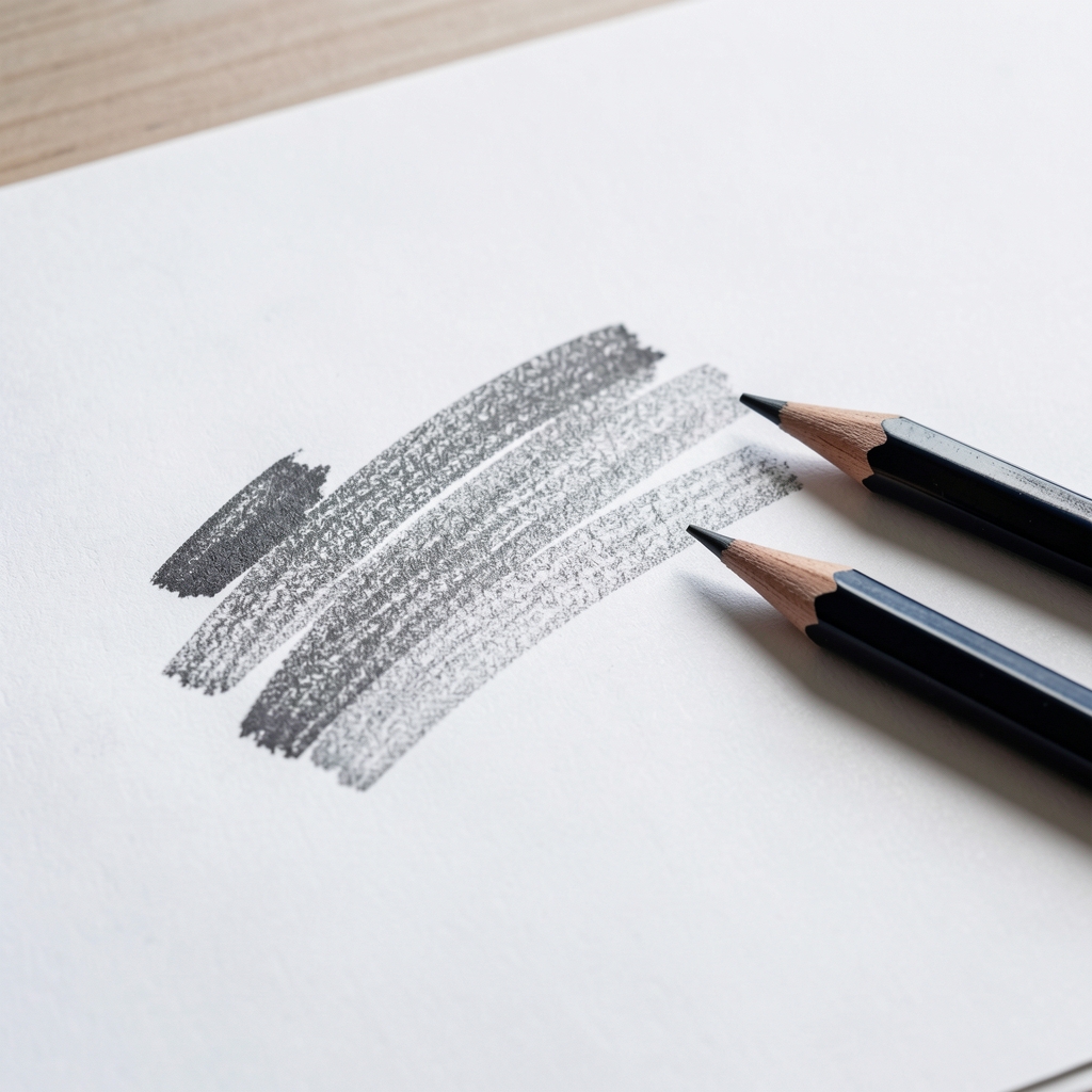Comparación de trazos de grafito de distinta intensidad dibujados sobre papel blanco con lápices de diferentes durezas