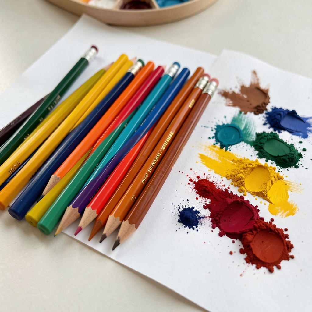 Lápices de colores intensos dispuestos en abanico junto a una hoja con muestras de pigmento