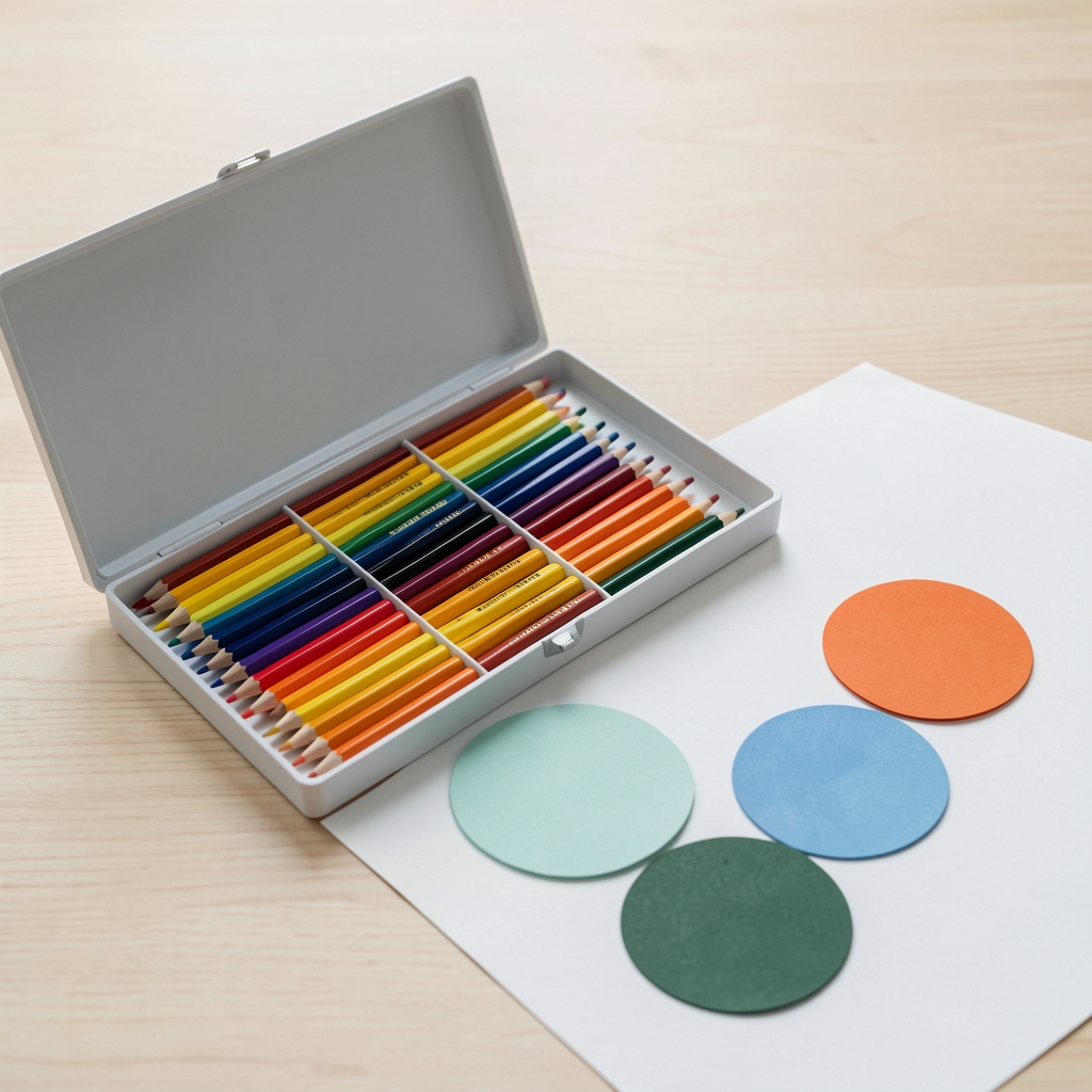 Caja abierta de lápices de colores junto a muestras circulares sobre papel blanco