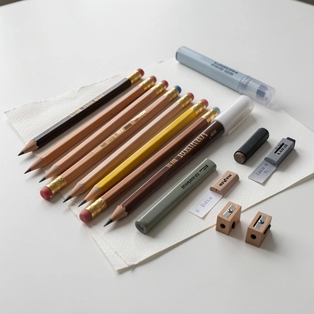 Composición ordenada de lápices de grafito, marcadores, papel texturado y sacapuntas sobre mesa clara