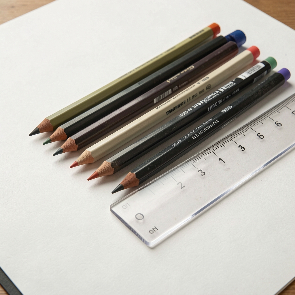 Marcadores de varias puntas carboncillos y regla transparente organizados sobre papel de dibujo