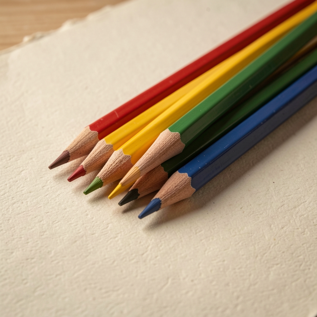Muestras de lápices de colores superpuestas en una hoja texturada sin manos ni personas