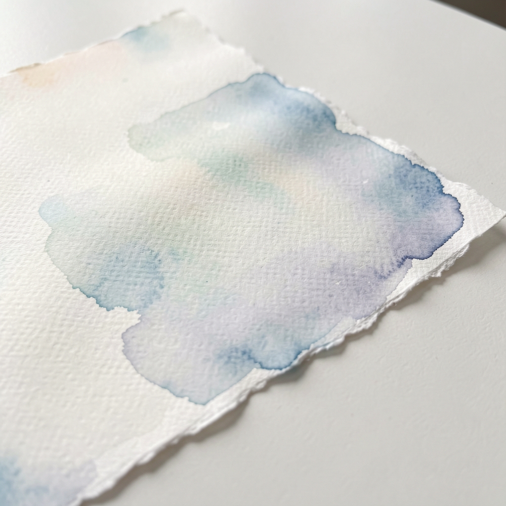 Detalle de papel de acuarela de alto gramaje con borde texturado sobre mesa clara