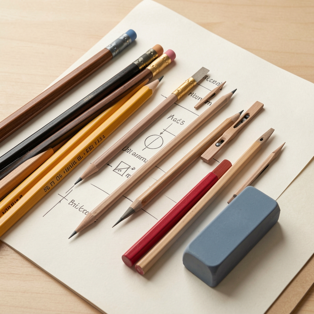 Set de materiales de dibujo compuesto por lápices de grafito goma y sacapuntas junto a una ficha técnica